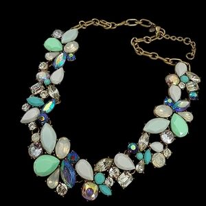 J. Crew statement necklace aurora borealis AB teal green blue rhinestones